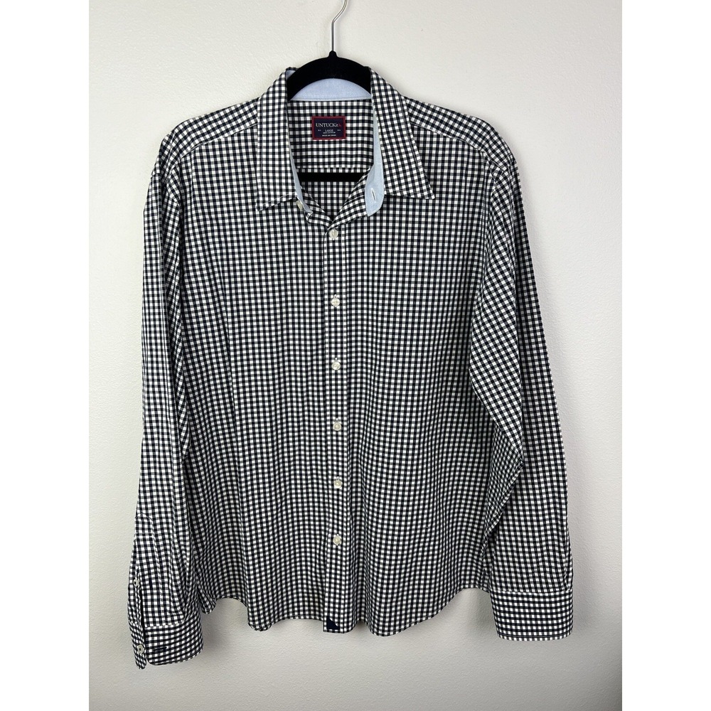 UNTUCKit Men's Large Cotton Navy White Plaid Long Sleeve Button Front Shirt